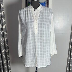 VTG April Cornell White Gauze Lace Trim Tunic Blouse SZ M
